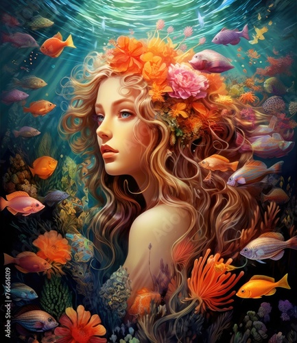 A beautiful woman with flowers in her hair surrounded by fish. Generative AI.