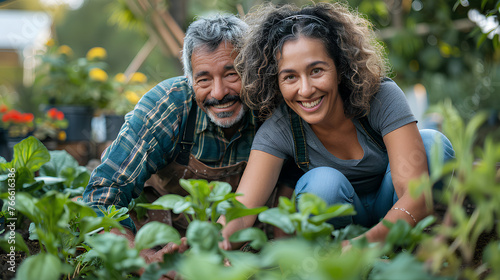 Mixed race middle age man and woman home gardening