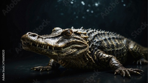 Captive alligator lying in a dark environment. Generative AI.