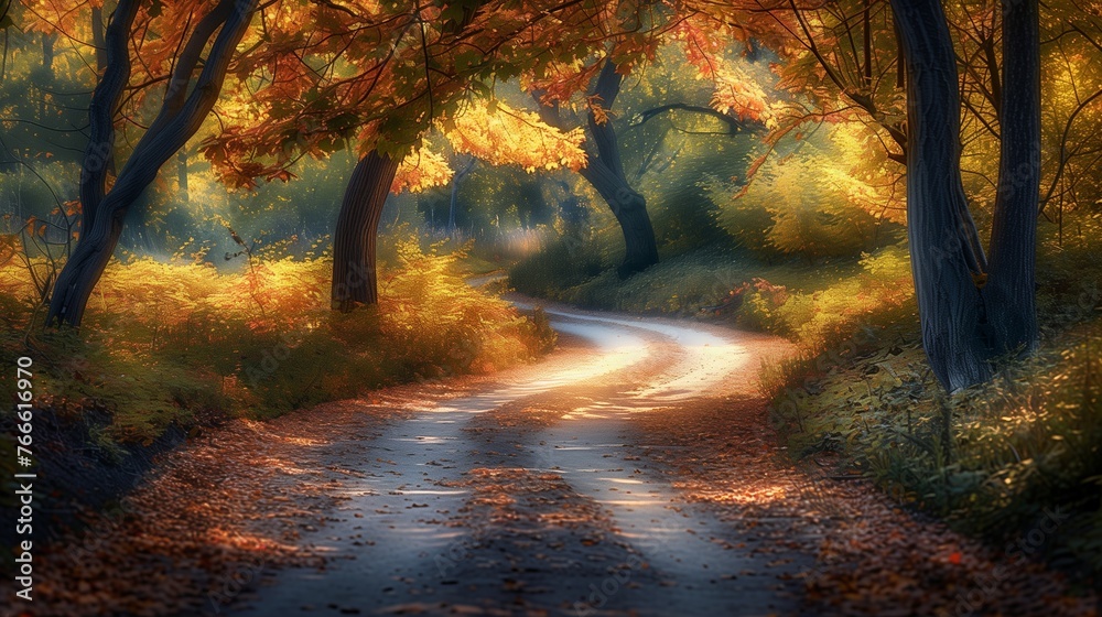 Whispers of Autumn: A scenic view of a gently winding path through an autumn forest, with trees in full seasonal glory on either side.