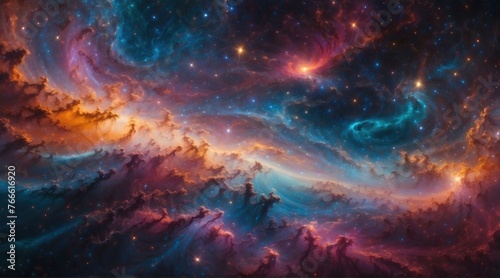 A colorful nebula with stars and clouds in the background. Generative AI.