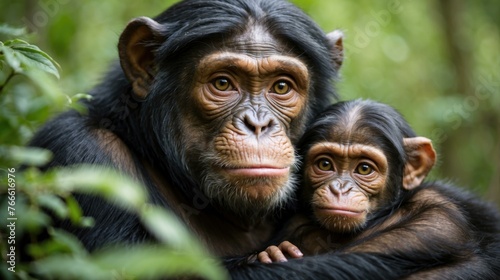A mother and baby chimpanzee in the wild. Generative AI. photo