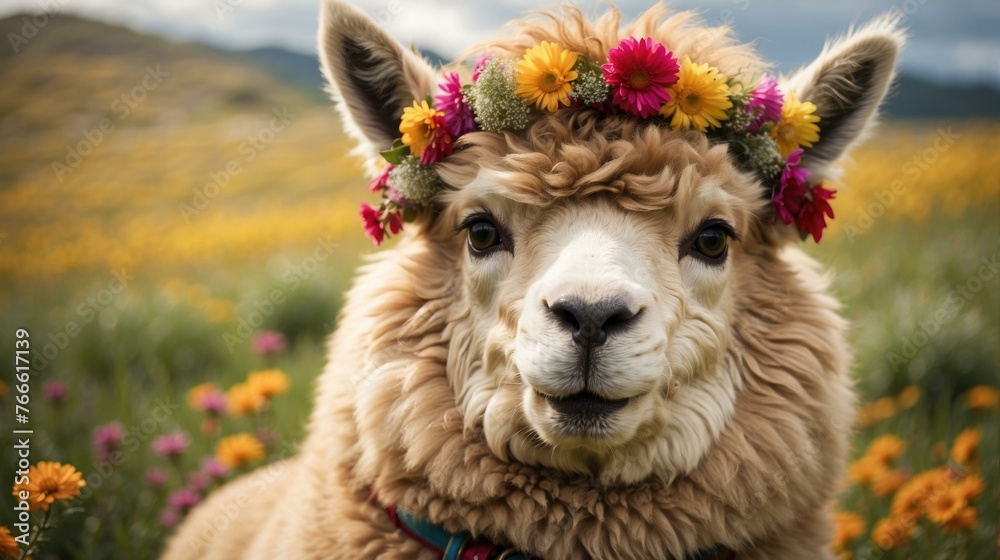 Obraz premium A llama with a flower crown on its head in the grass. Generative AI.