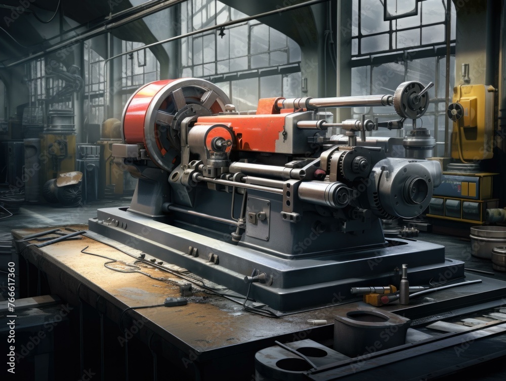 A large industrial machine is sitting in a factory setting. Generative AI. A large industrial machine is sitting in a factory setting. Generative AI.