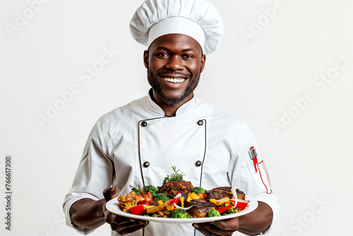 Smiling African American Chef Presenting Gourmet Dish, Culinary Excellence