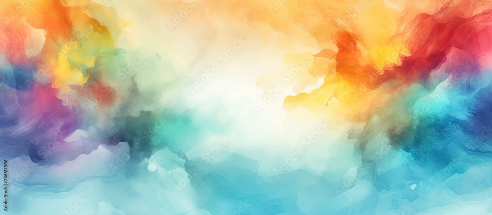 An artwork depicting a vibrant sky filled with multicolored clouds, showcasing bright hues of orange and blue