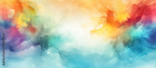 An artwork depicting a vibrant sky filled with multicolored clouds, showcasing bright hues of orange and blue