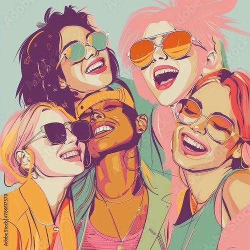 A playful illustration of friends in retro-inspired attire, sporting sunglasses and exuberant expressions under a pastel sky.
