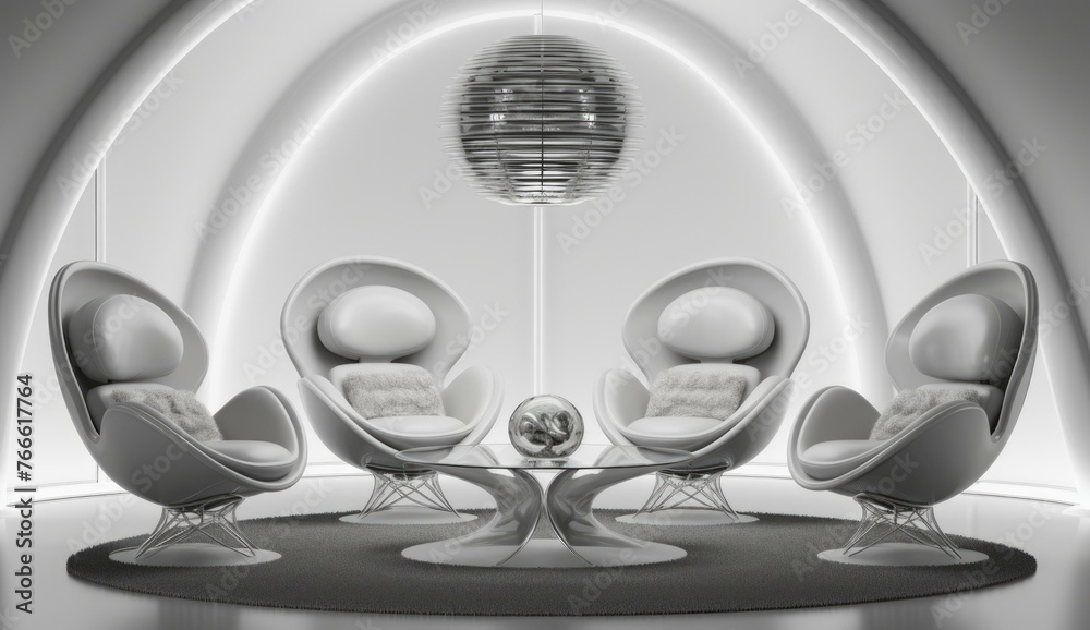 A futuristic room with a round table and chairs around it. Generative AI. A futuristic room with a round table and chairs around it. Generative AI.