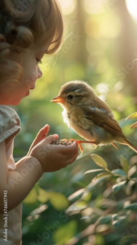 Little girl offering seeds to a bird in a sunlit garden. Generative AI. © serg3d