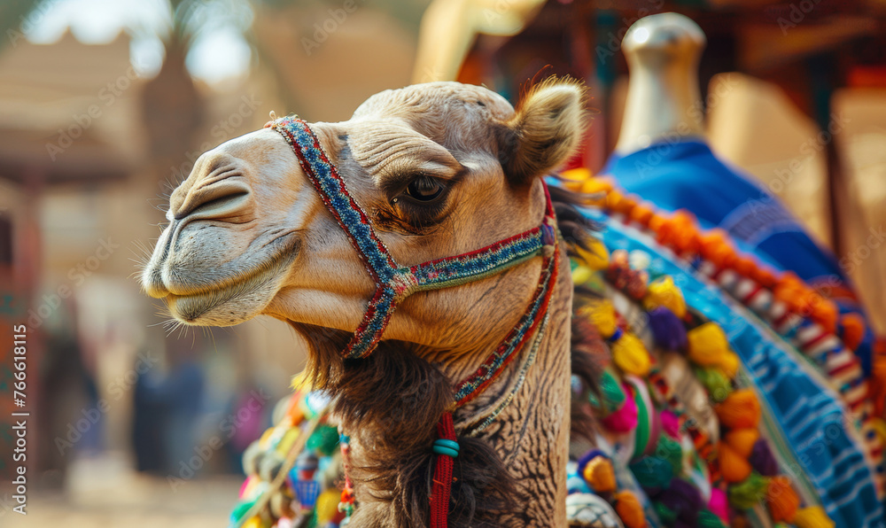 closeup portrait  of an ornate camel standing against traditional market square