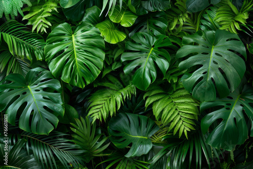 Wallpaper Mural Tropical jungle background with lush green monstera and fern leaves. A tropical plants wall with dark green foliage Torontodigital.ca