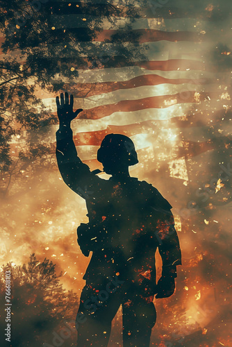 The silhouette of a soldier against the background of the US flag. The American flag.