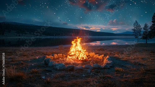 Campfire Burning in Field at Night
