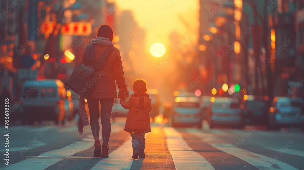 A woman and child crossing a street at sunset. Generative AI. - obrazy, fototapety, plakaty 