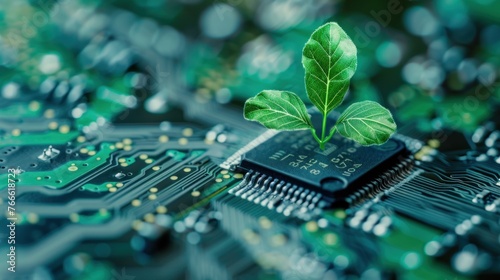 Circuit board with microchip processor technology and plant sprout on blur background.AI generated