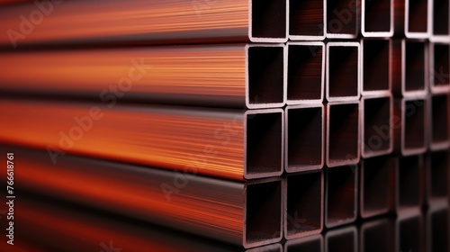 a stack of red steel pipes in a warehouse or factory with a blurry background. Generative AI 