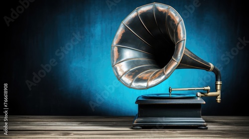 old gramophone on the blue background. Generative AI