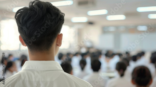 A teacher's back view with rows of students in uniforms facing a blackboard. photo