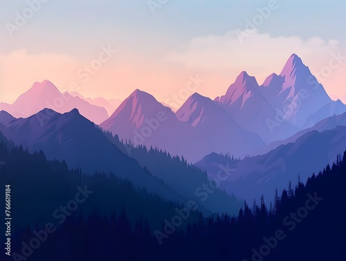 Cartoon Mountain Range Panorama Basks in Pop Art Sunrise