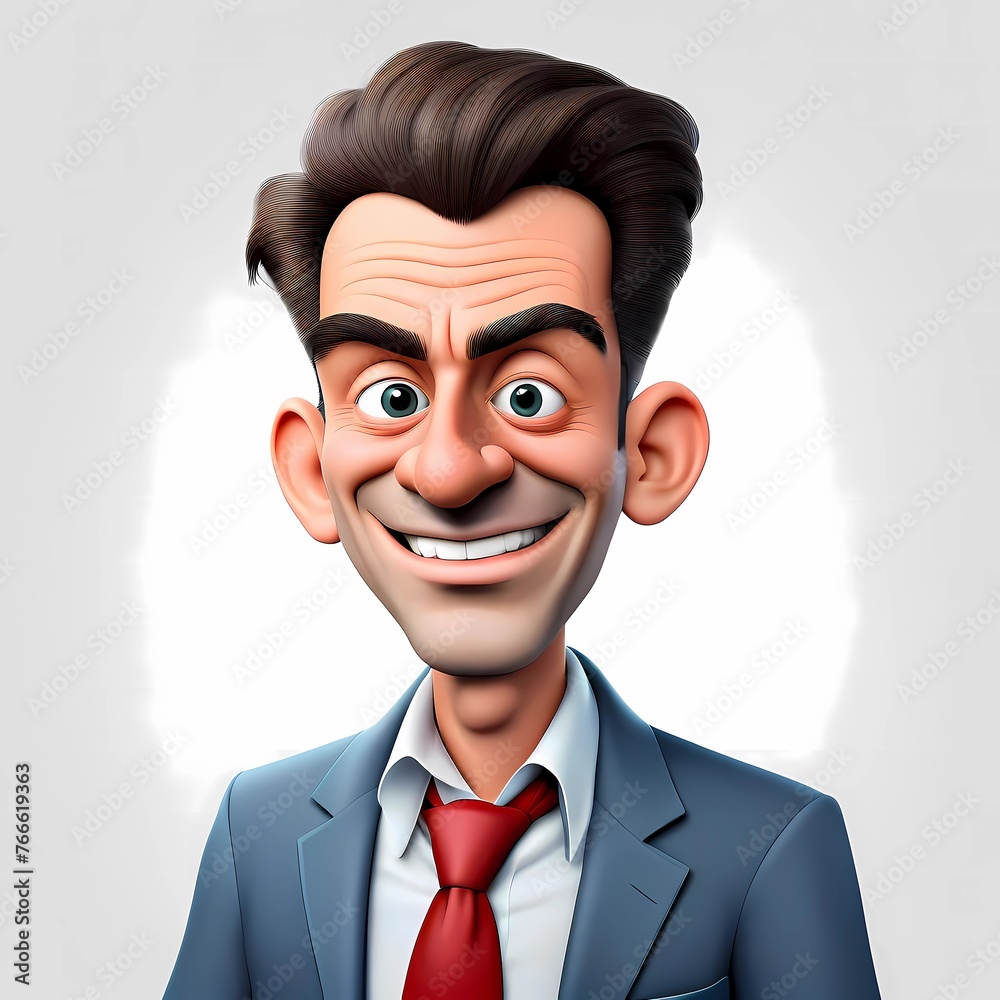 3d illustration of a cartoon caricature of a cheerful man with a stylish black hairstyle and stubble in a suit with a red tie. Generative AI