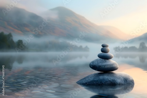 Tranquil Morning Harmony: Stones Balanced at Dawn by a Vibrant Lake