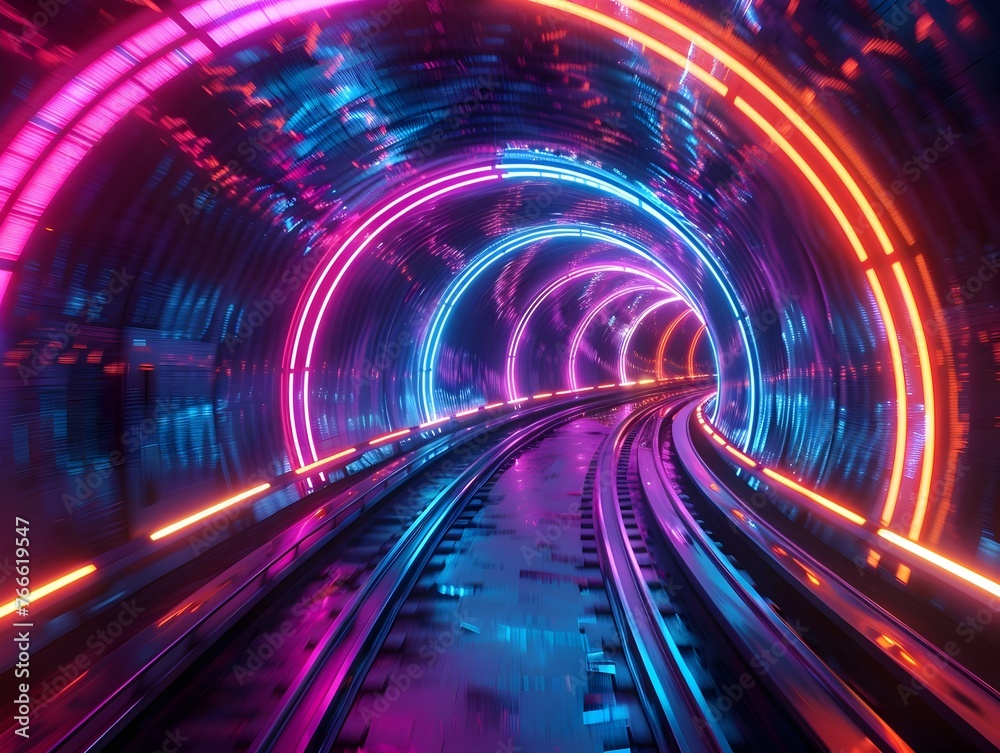 Futuristic Train Powering Through Vibrant Neon Tunnel with Dynamic Sense of Speed Futuristic Train Powering Through Vibrant Neon Tunnel with Dynamic Sense of Speed