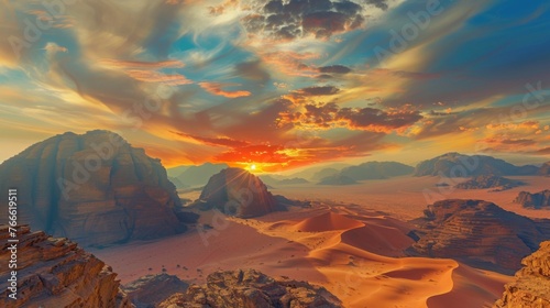 wide angle view of a generic rocky mountains of Al Ula desert Saudi Arabia touristic destination at the golden hour sunset with copyspace area - photo