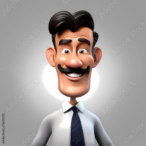 3d illustration of a cartoon caricature of a cheerful man with a stylish black hairstyle, mustache in a suit. Generative AI © Karen