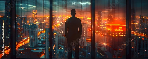 Determined Male Manager Surveys the City Skyline from His High-Rise Office at Dusk photo