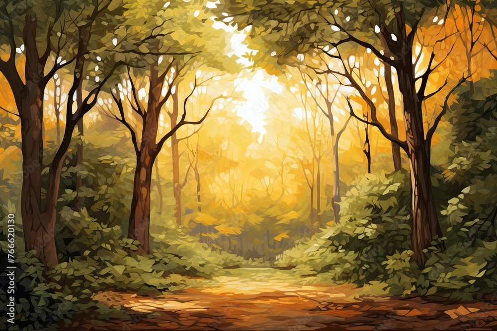Illustration of a park under the sunset