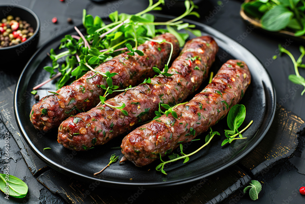 Grilled Juicy Kebab and Sausages Sizzling on the Grill, Ready to eat Food Photography Grilled Juicy Kebab and Sausages Sizzling on the Grill, Ready to eat Food Photography