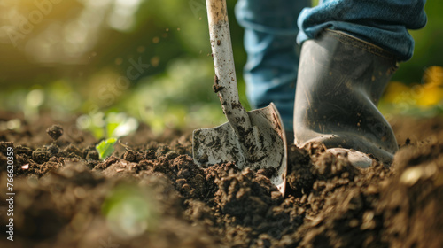 A shovel digs into rich soil with a person in boots standing by during a gardening session.