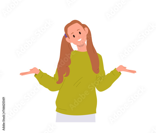 Cheerful preteen girl child cartoon character smiling with arms spreading feeling positive emotion