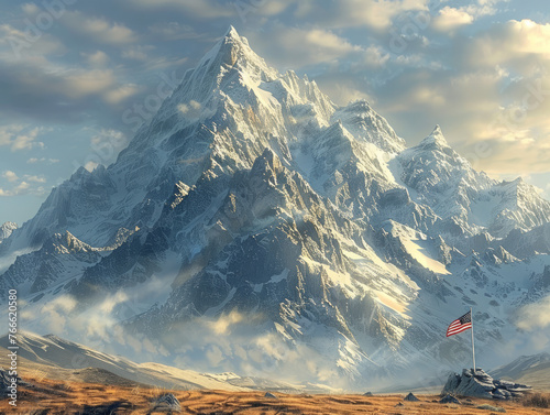 Majestic Mountain Peak with American Flag