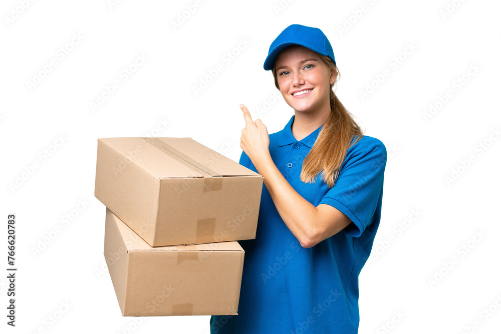 Delivery caucasian woman over isolated background pointing finger to the side Delivery caucasian woman over isolated background pointing finger to the side