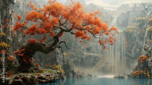 An enchanting digital artwork of a majestic autumnal tree with vibrant orange leaves, standing on an islet by a misty waterfall landscape.