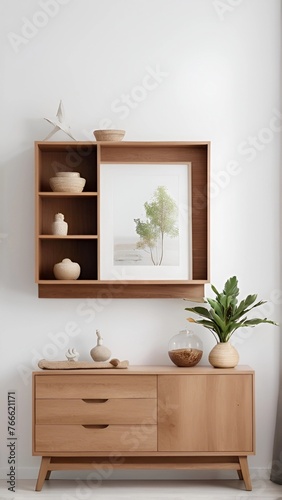 Wooden cabinet and accessories decor in living room interior on empty white wall background. Wooden shelves.