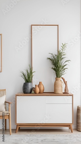 Wooden cabinet and accessories decor in living room interior on empty white wall background. Wooden shelves.