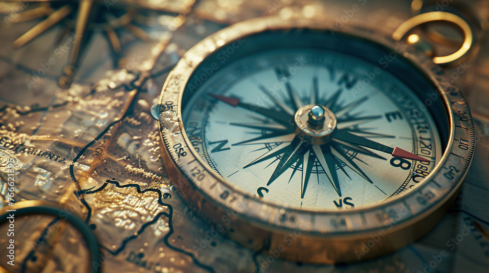 Navigating the Unknown: Close-Up of Compass and Map Navigating the Unknown: Close-Up of Compass and Map