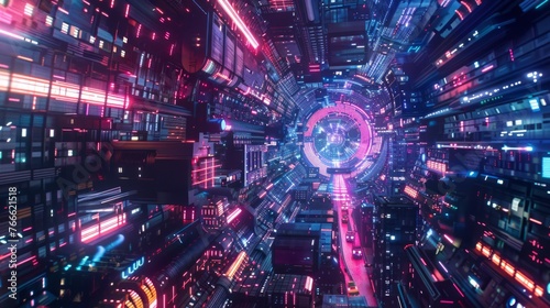 Dynamic cyberpunk cityscape: a landscape aglow with vibrant neon lights, seamlessly blending futuristic and cyberpunk elements into a captivating fusion.