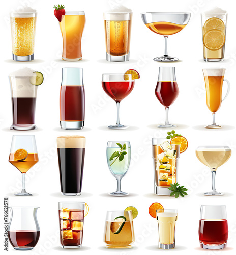 A clip art set of various classic alcoholic beverages in different glasses.