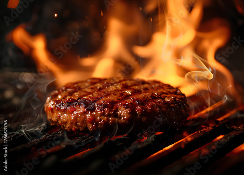 Juicy sausage patty cooking on the grill, with flames licking the meat.