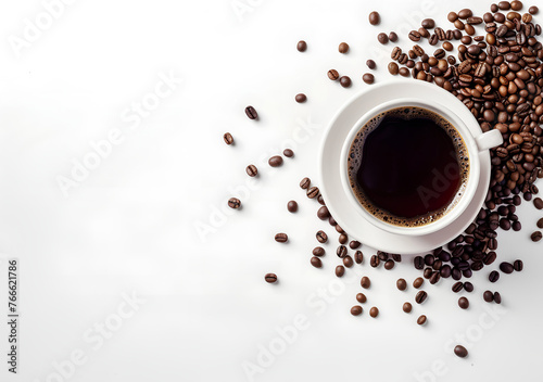  A pristine white cup filled with black coffee, surrounded by scattered coffee beans.