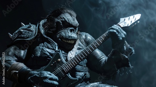 Monster character is playing guitar, metal music copy space concept AI generated image