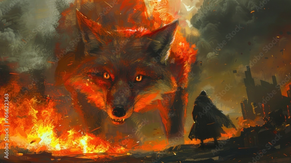 The concept of a fiery giant fox is on a rampage AI generated image - obrazy, fototapety, plakaty 