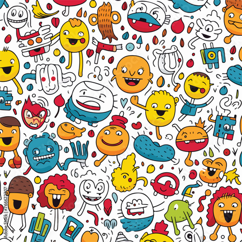 Cartoon doodles seamless pattern with emoji. Doodle