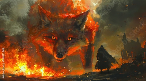The concept of a fiery giant fox is on a rampage AI generated image photo