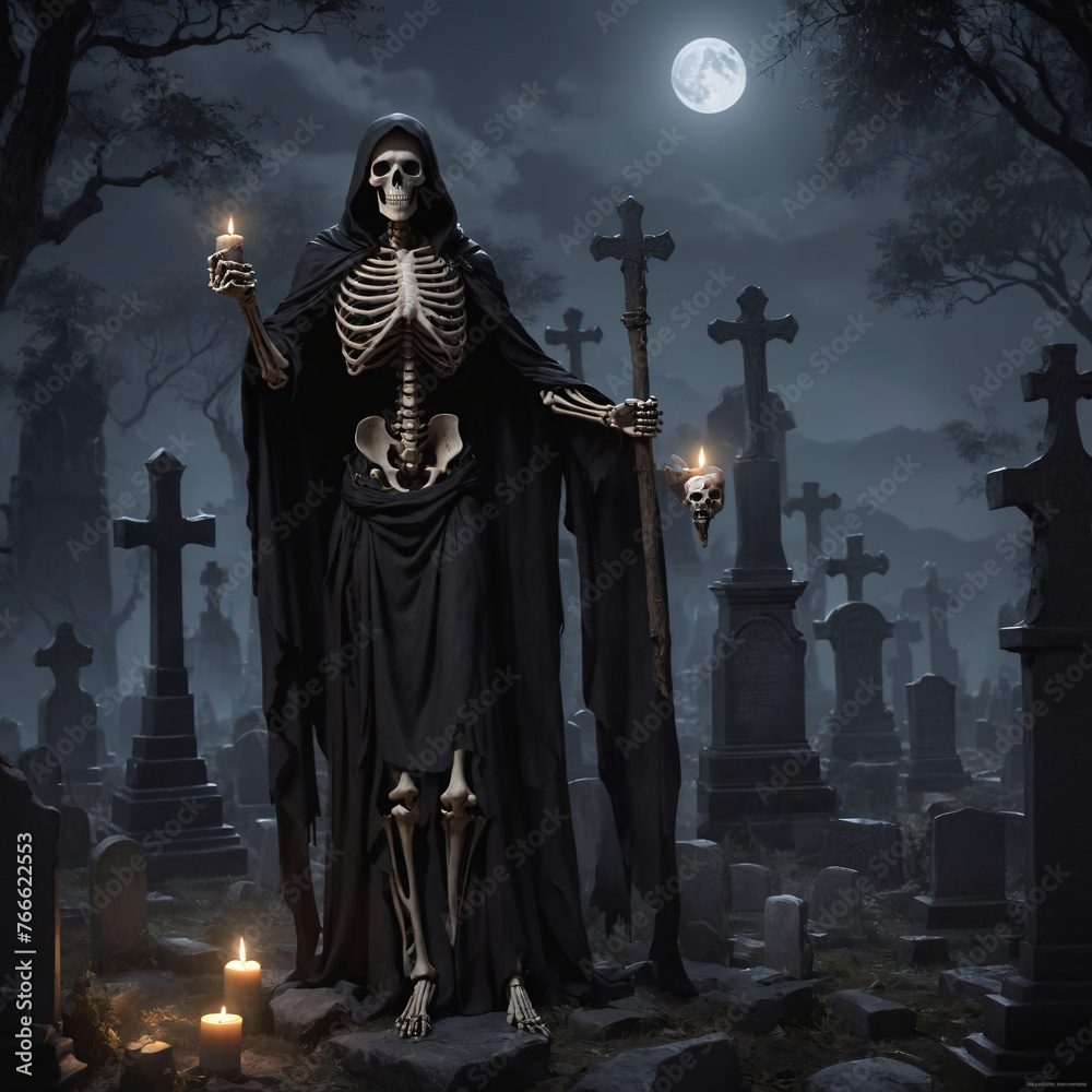 Naklejka premium Exu Caveira Umbanda Quimbanda Entity at Moonlight in Cemetery.