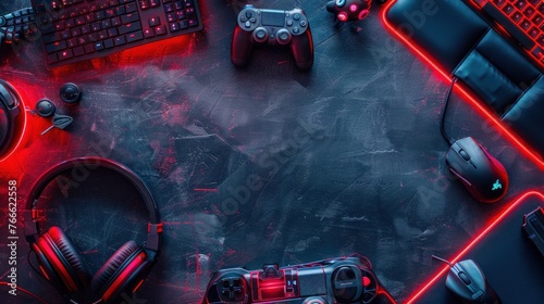 Gaming table concept with gaming equipment with red light copy space photo